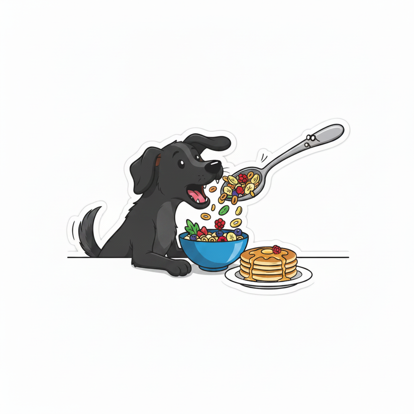 A black dog trying to eat my breakfast — Vinyl sticker