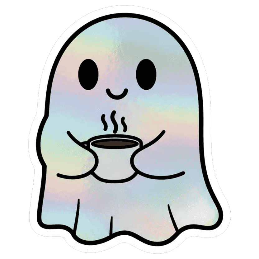 A cute ghost holding a coffee — Holographic sticker