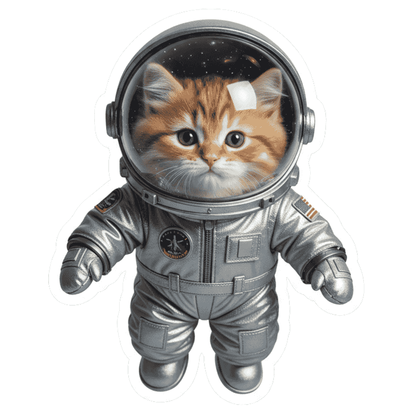 A fluffy tabby kitten astronaut in a space helmet — Realistic image sticker
