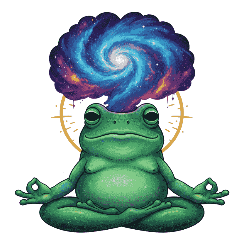 A galaxy-brain frog meditating — Vinyl sticker