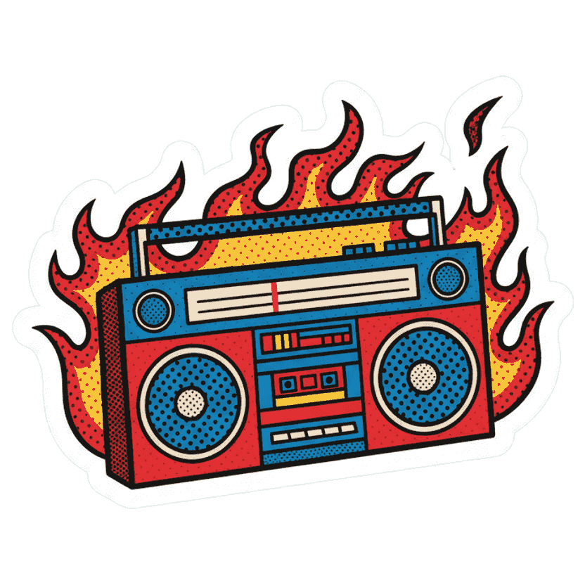 A retro boombox with flames — Pop Art sticker