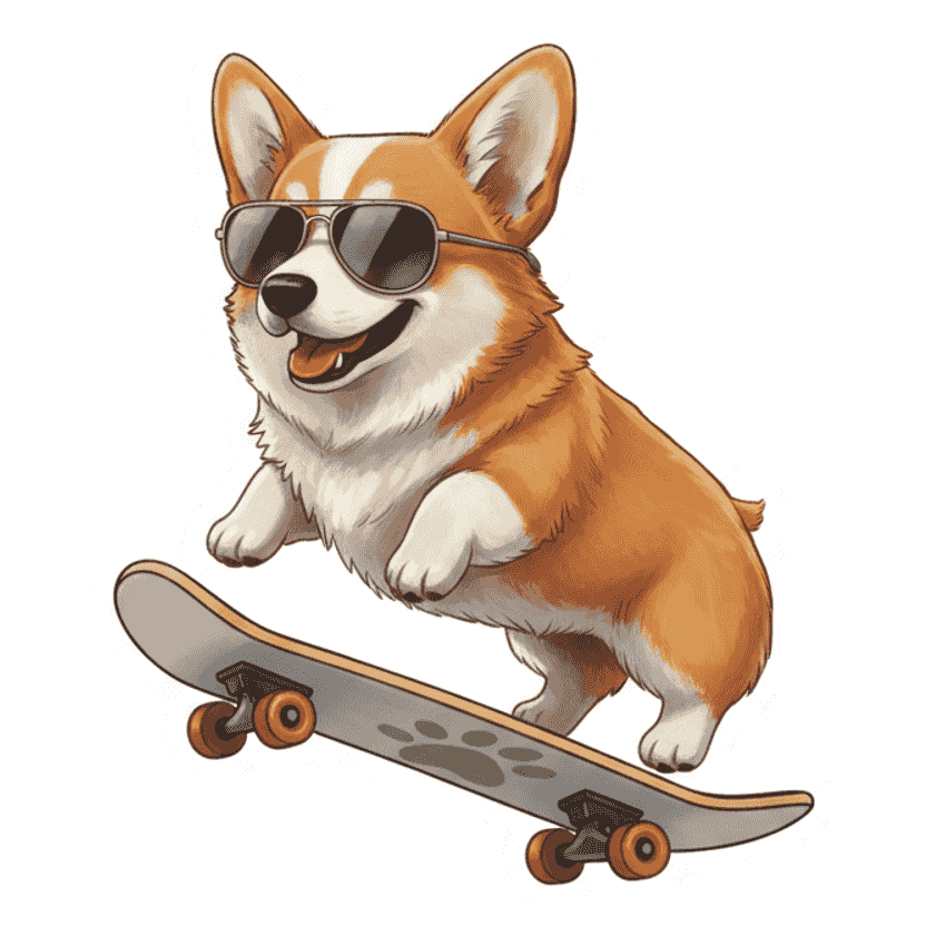 A skateboarding corgi with sunglasses — Realistic cartoon sticker